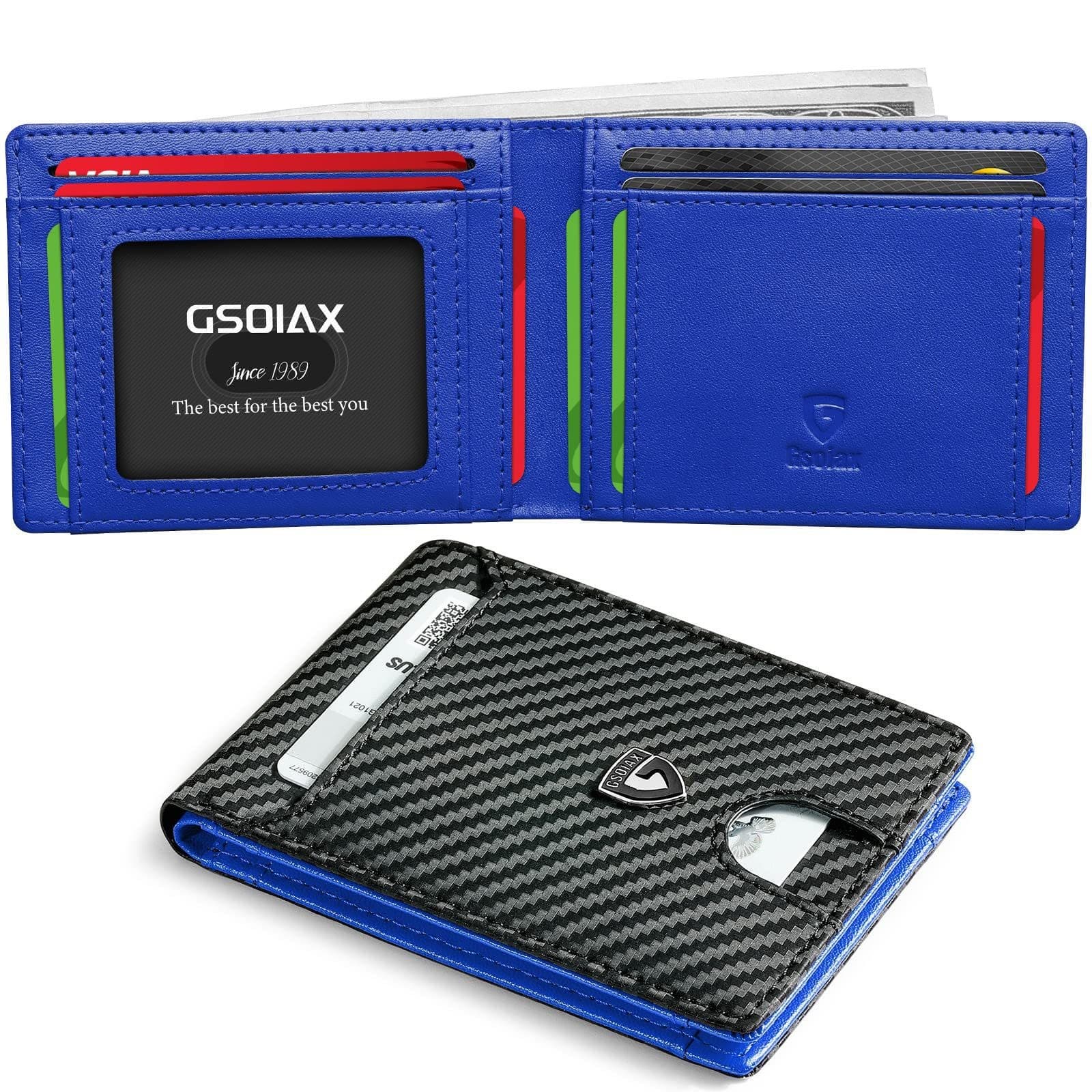 Men's Slim Leather Bifold Wallet - RFID Blocking, 11 Card - Carbon Blue