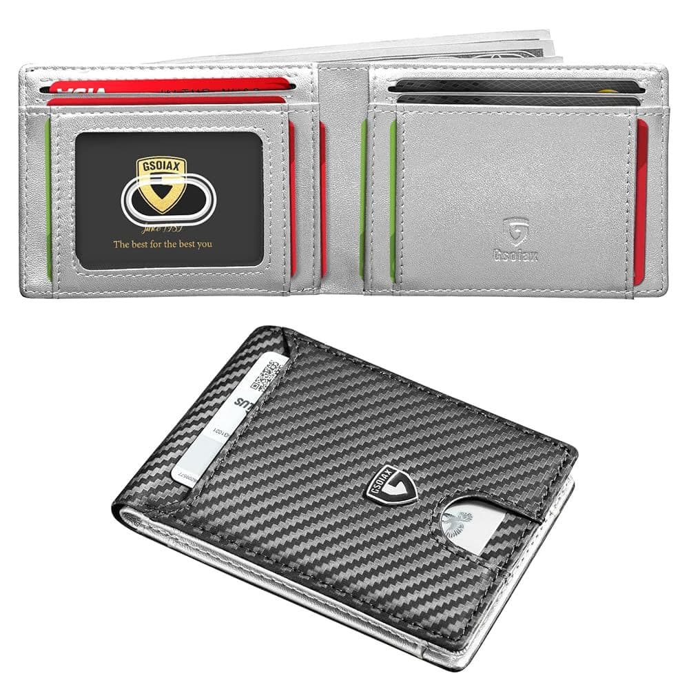 Men's Slim Leather Bifold Wallet - RFID Blocking, 11 Card - Carbon Silver