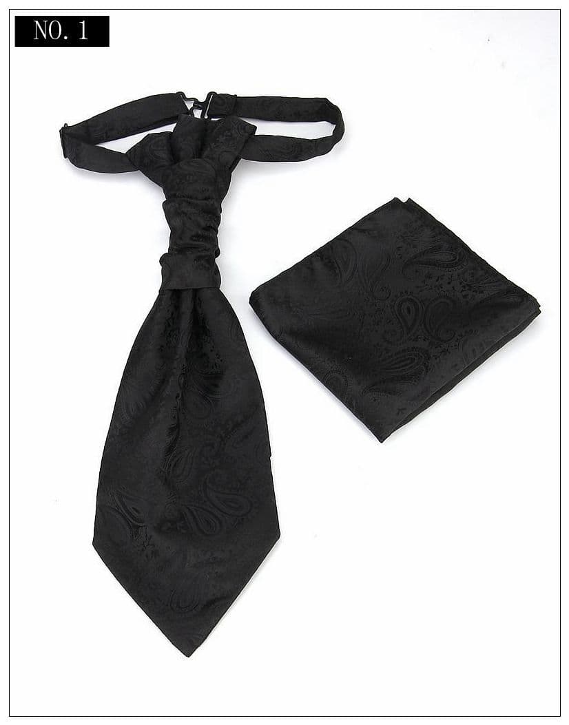 Men's Formal Paisley Ascot Cravat & Pocket Square Set - Adjustable - Black