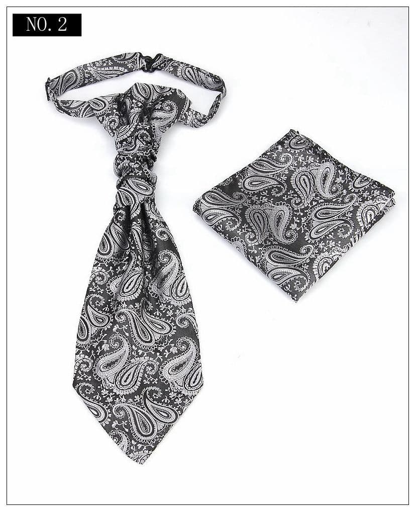 Men's Formal Paisley Ascot Cravat & Pocket Square Set - Dark Gray pattern
