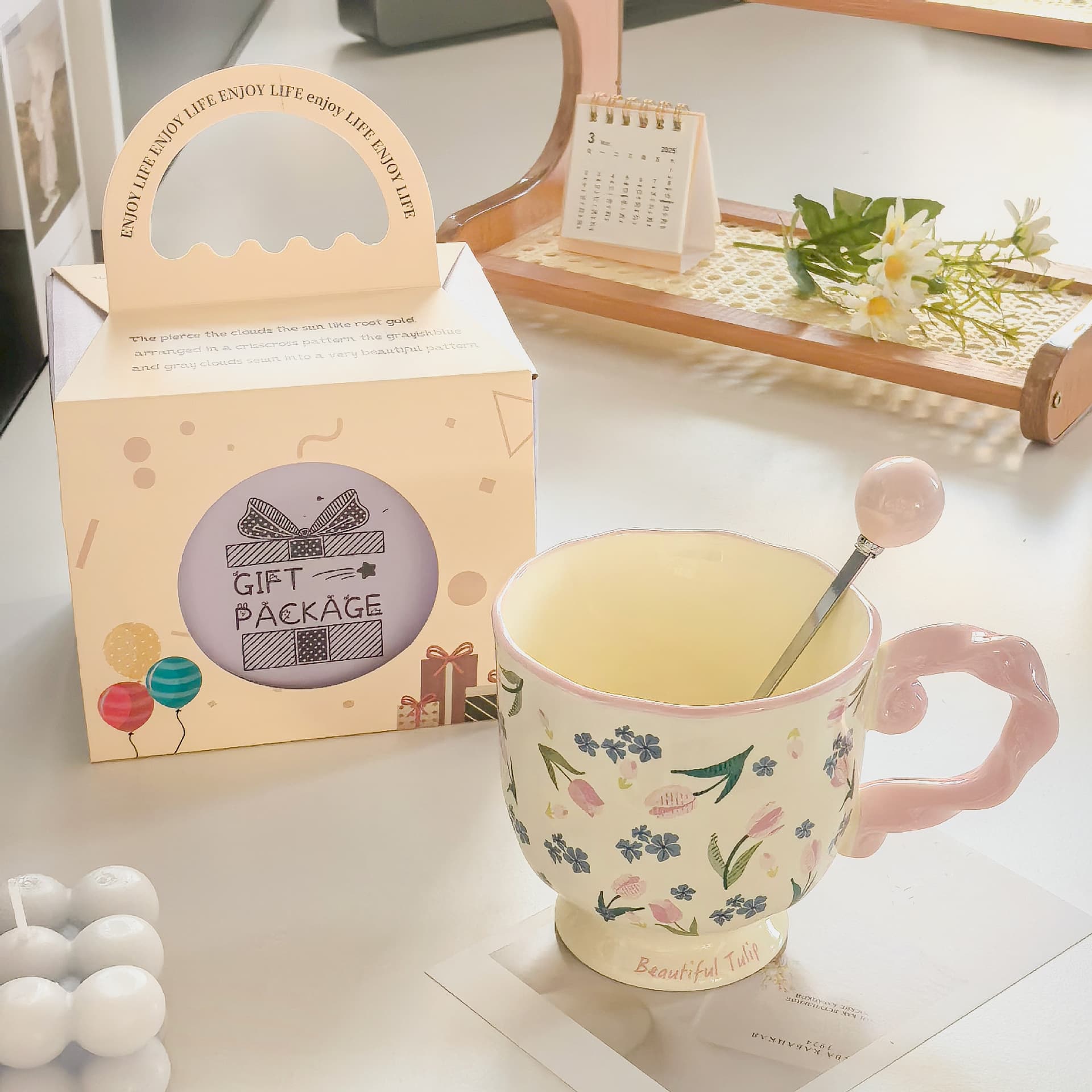 Ceramic Mug with Sculpted Handle,400 ml Vintage Inspired - Rose pink