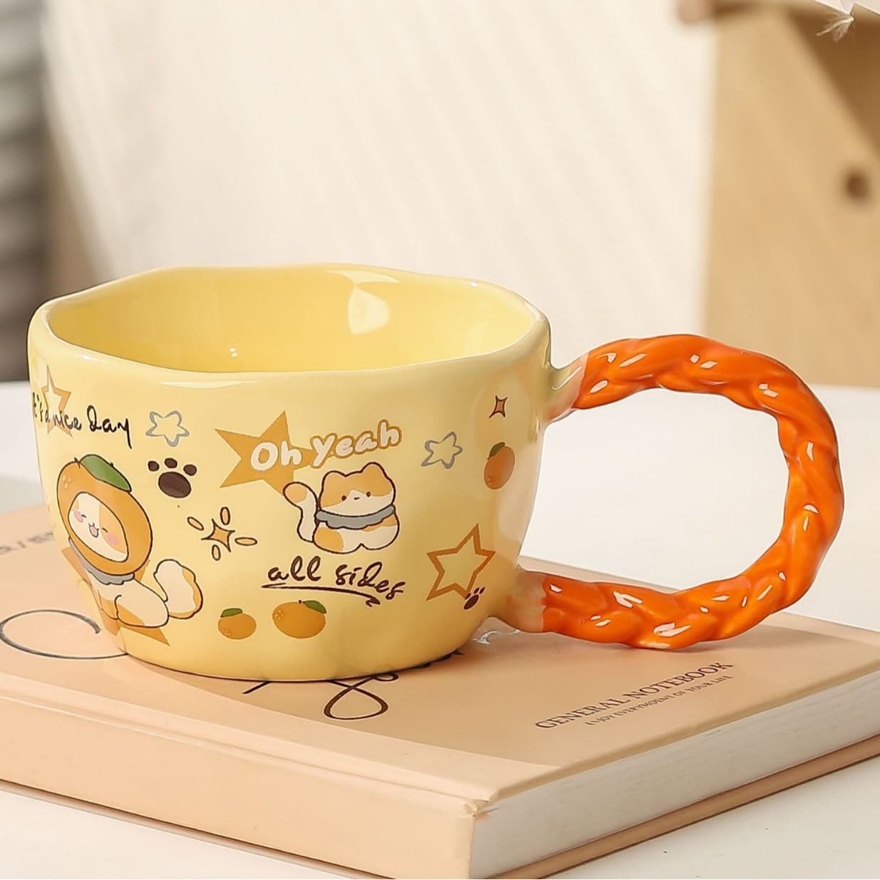Whimsical Cat & Friends Ceramic Mug - 320 ml with Unique Twisted - Yellow