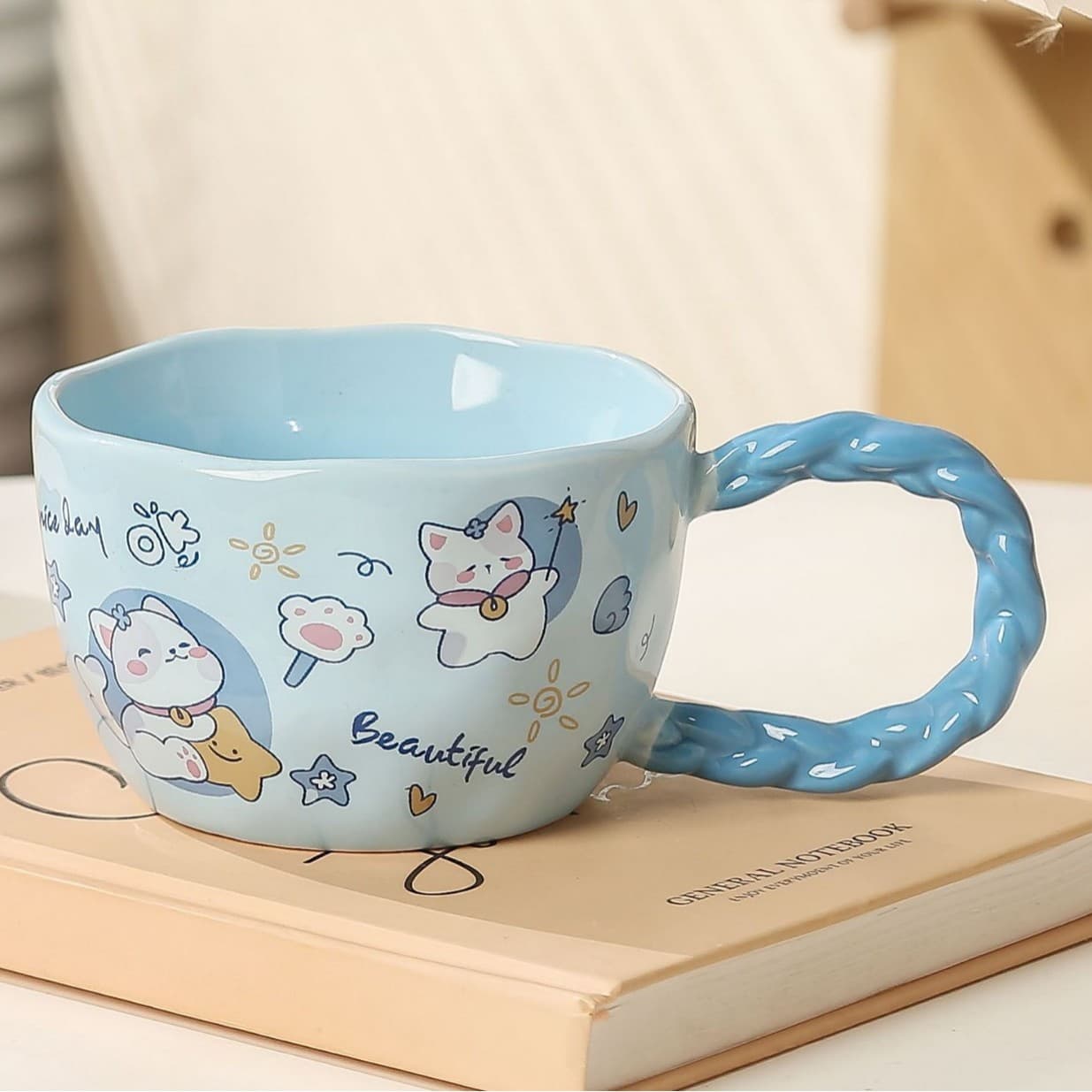 Whimsical Cat & Friends Ceramic Mug - 320 ml with Unique Twisted - Blue