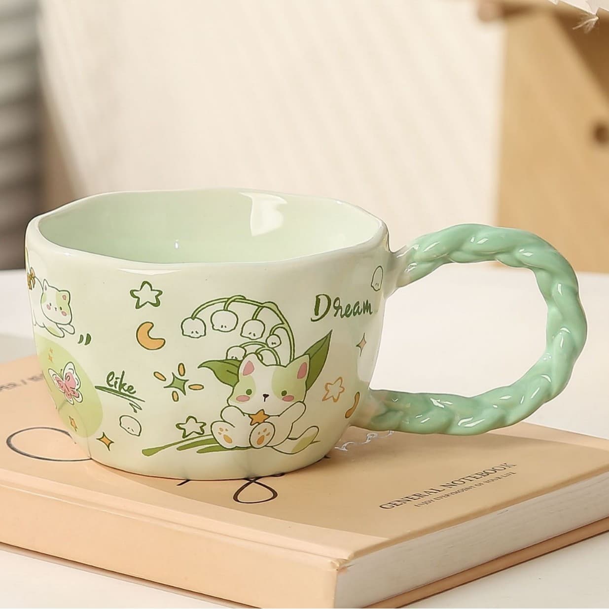 Whimsical Cat & Friends Ceramic Mug - 320 ml with Unique Twisted - Green