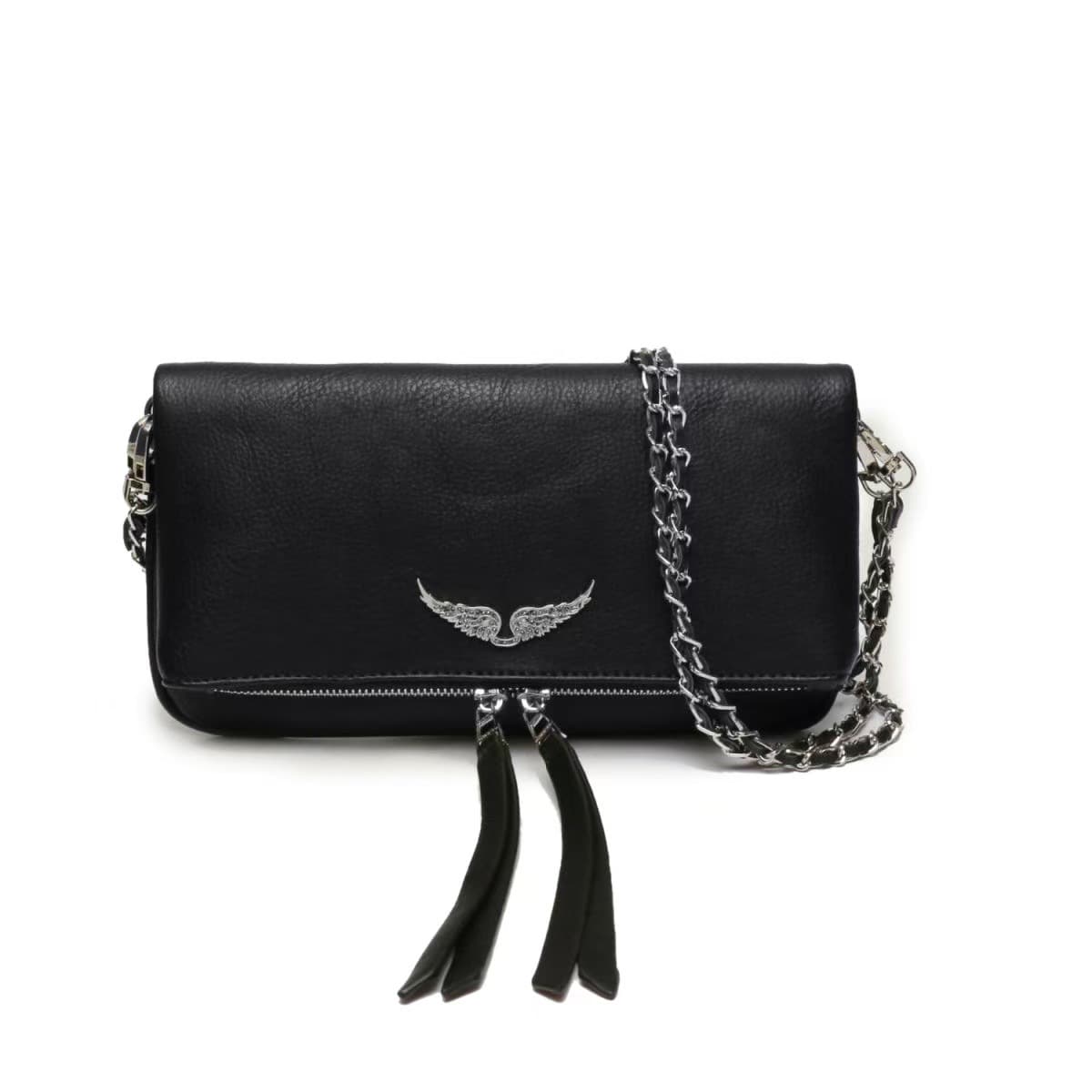 Quilted Leather Crossbody Bag with Chain Strap - With Chain Pure Black
