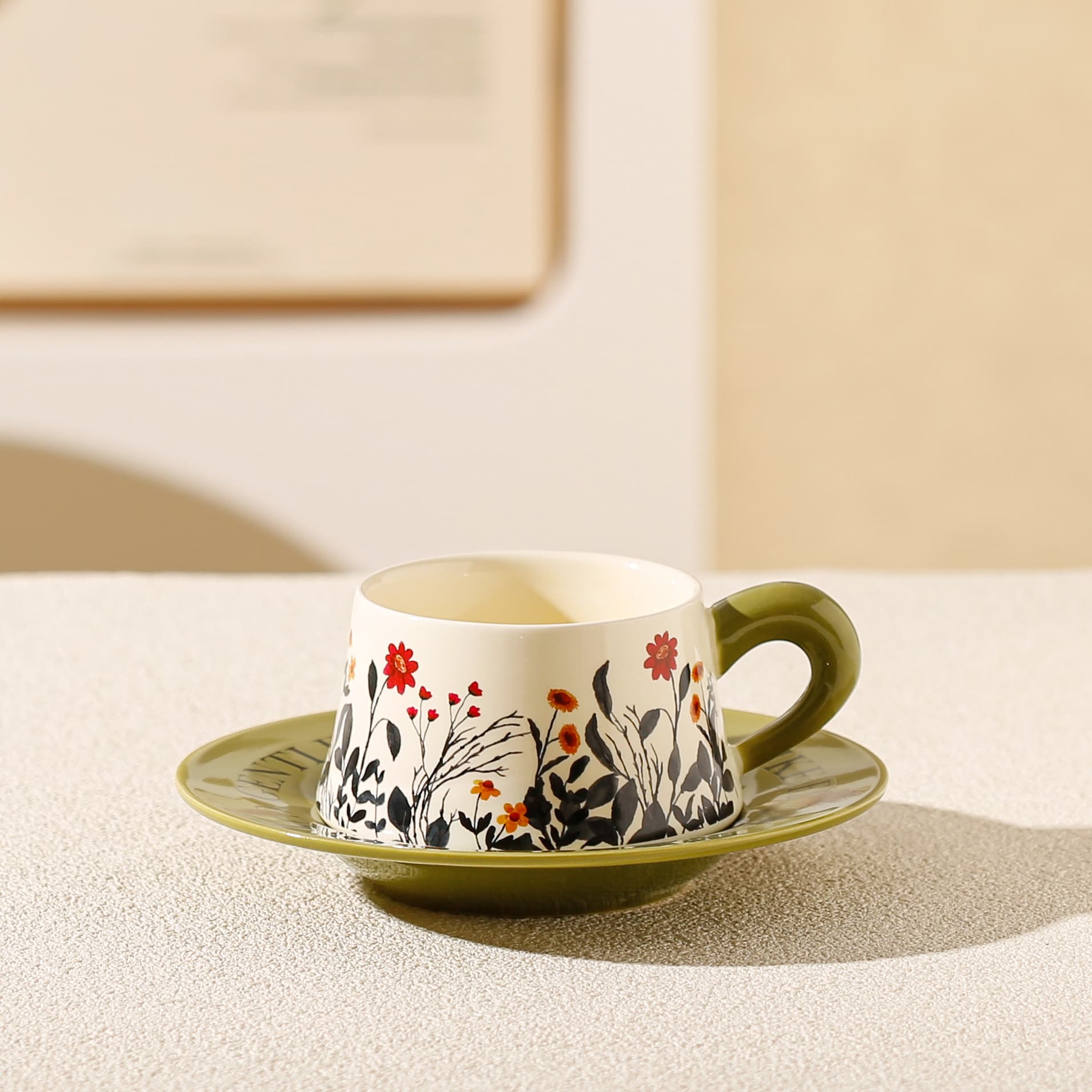 Vintage Floral Ceramic Coffee Cup & Saucer Set - Green