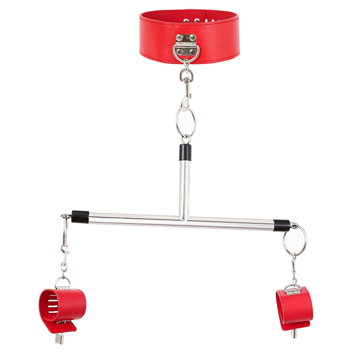 Adjustable PU Leather Collar & Locking Handcuff Spreader Bar Set - Red