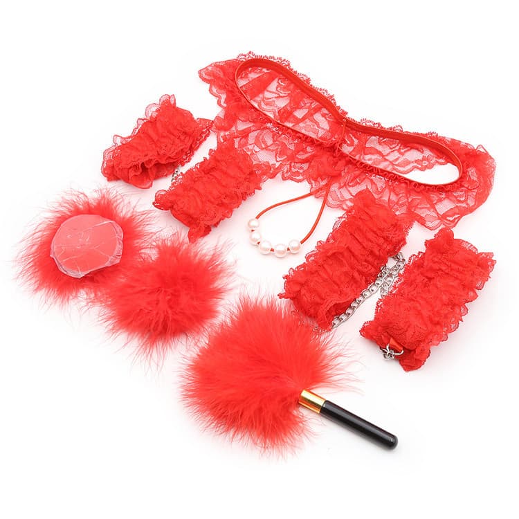 7-Piece Lace & Feather Playful Lingerie Accessory Set - Cuffs - Red
