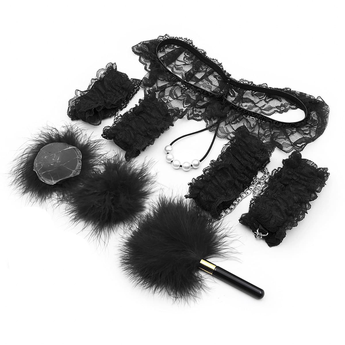 7-Piece Lace & Feather Playful Lingerie Accessory Set - Cuffs - Black