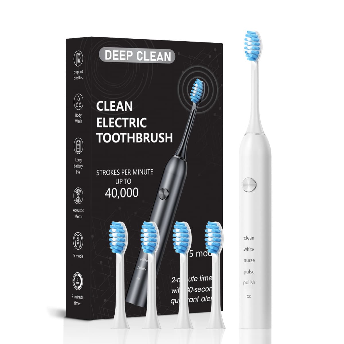 Professional Sonic Electric Toothbrush - 5 Modes, 40000 VPM, 180-Day - White