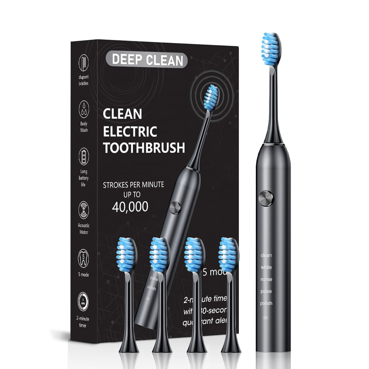 Professional Sonic Electric Toothbrush - 5 Modes, 40000 VPM, 180-Day - Black