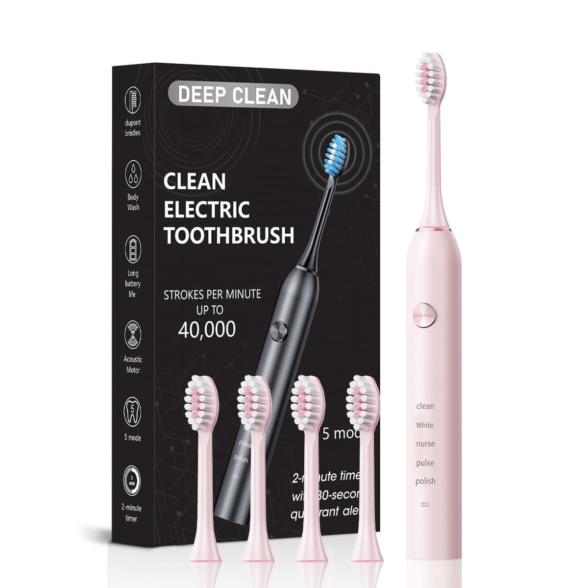 Professional Sonic Electric Toothbrush - 5 Modes, 40000 VPM, 180-Day - Pink