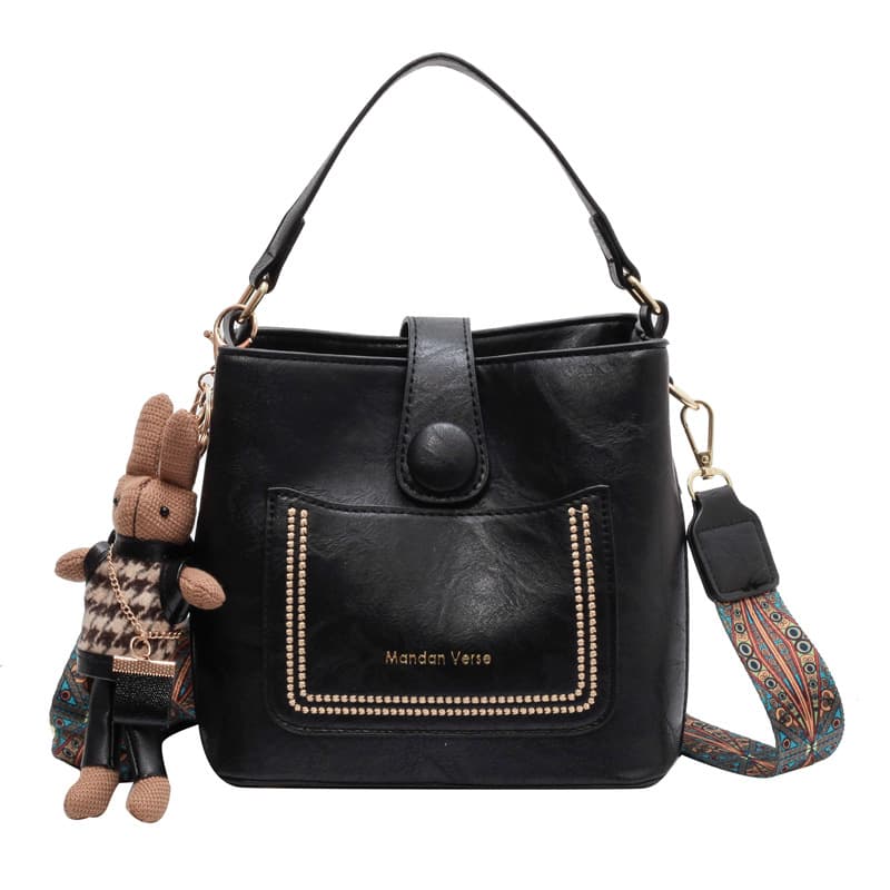 Vintage Style PU Leather Bucket Bag with Wide Patterned - Patterned Black