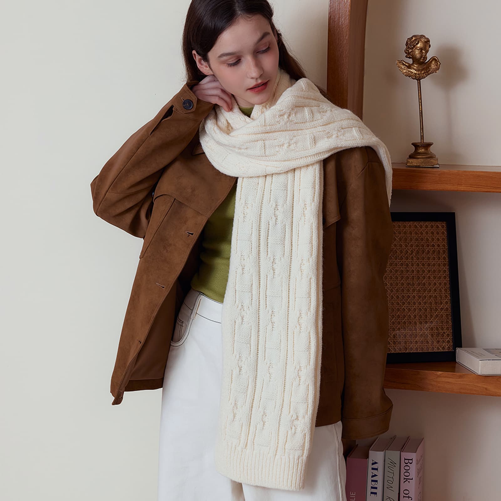 White Classic Textured Knit Scarf - Solid Color, Soft Feel - 176 × 26.5 cm
