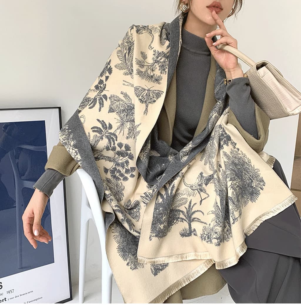 Gray beige Soft Printed Pashmina Style Wrap - Large Scarf - 185 × 65 cm