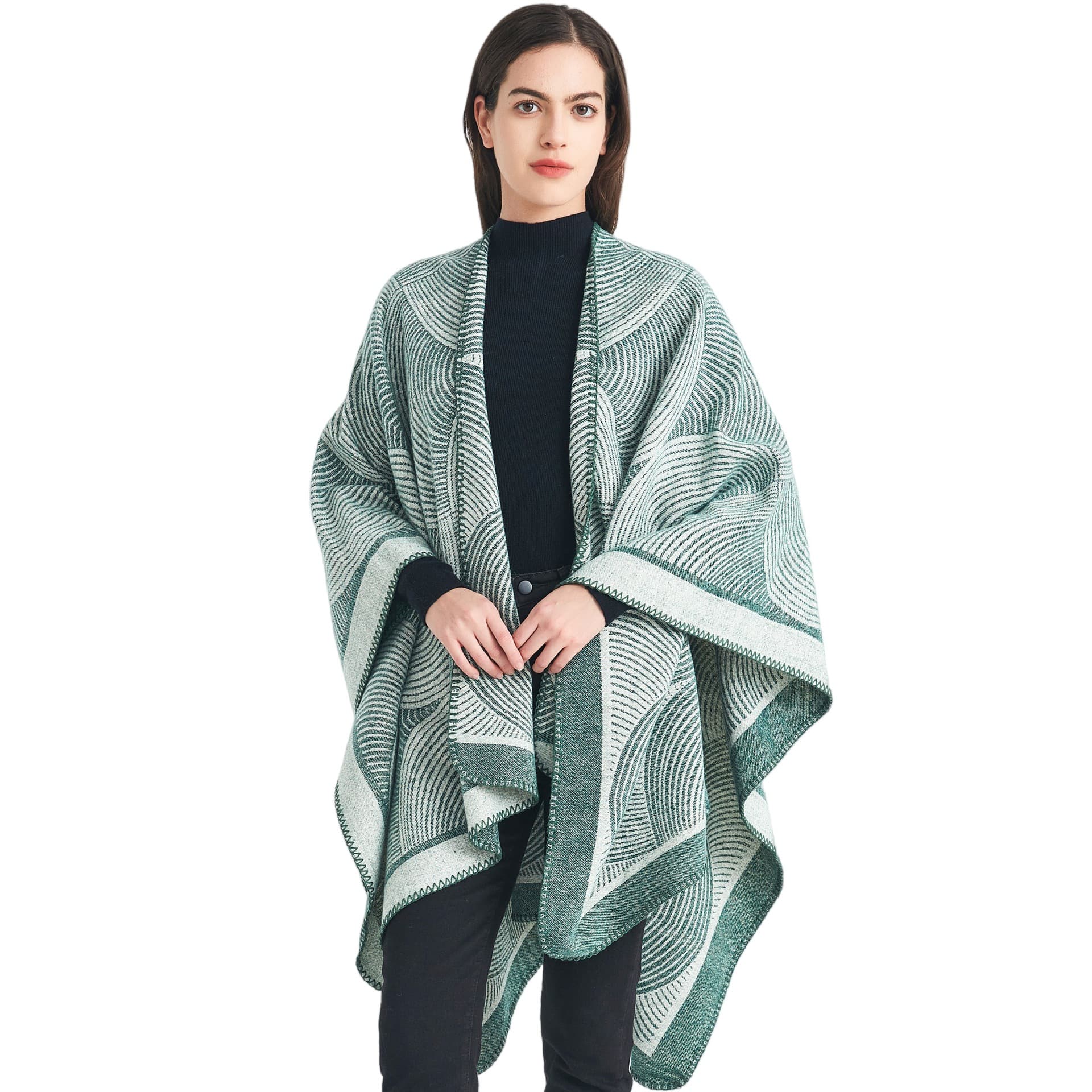 Green Geometric Print Cape - Cozy Knit Poncho for Women (165 × 130 cm)