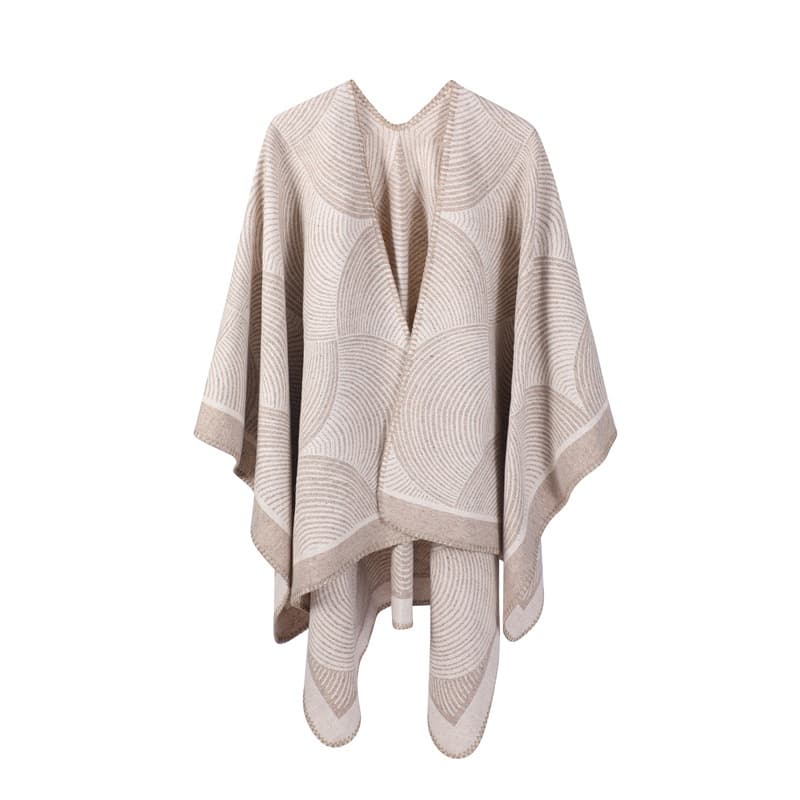 Khaki Geometric Print Cape - Cozy Knit Poncho for Women (165 × 130 cm)