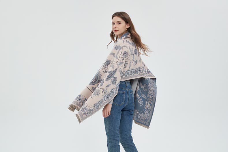 Women's Soft Jacquard Shawl - Paisley & Bird Floral Print - 190 × 65 cm