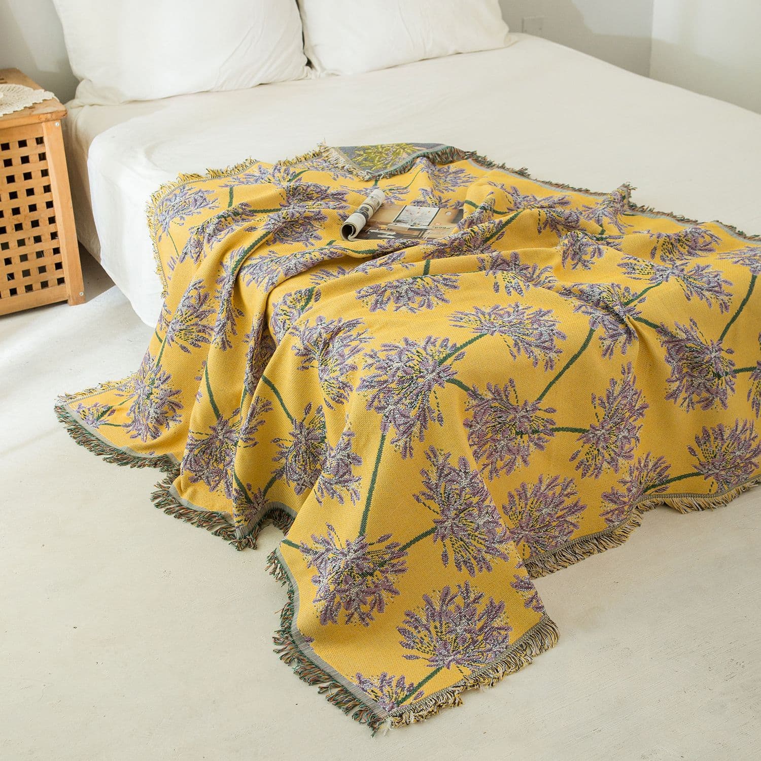 Yellow & Purple Floral Woven Throw Blanket - Botanical Print with Tassels