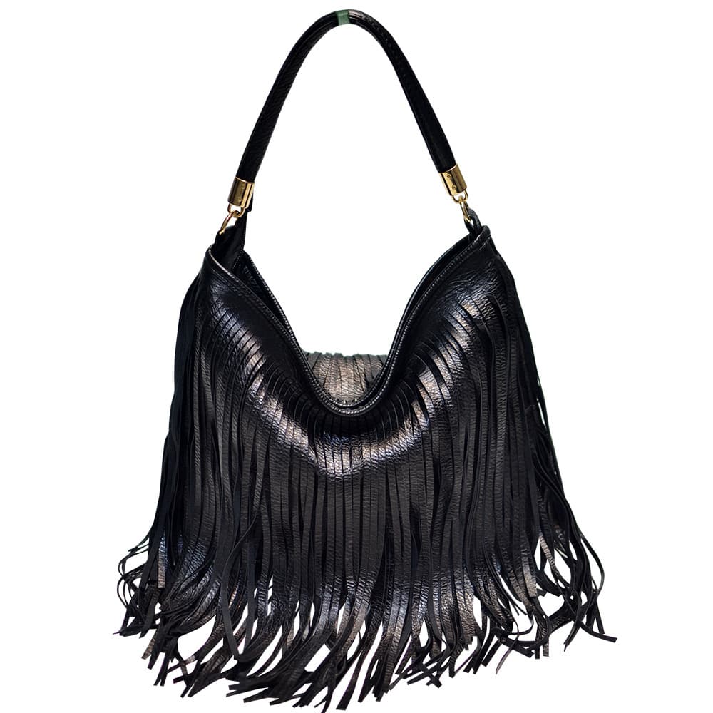 Black Double Fringe Hobo Bag - Convertible Microfiber Leather Shoulder