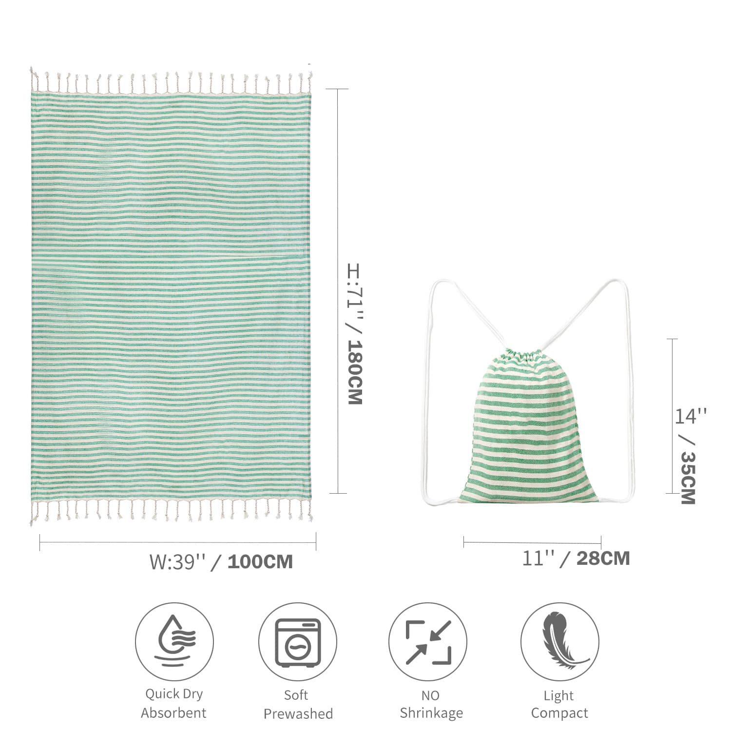 Green Lightweight Nylon Drawstring Tote Bag - Multi-Pocket Casual Shoulder