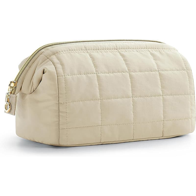 Beige Quilted Puffer Makeup Bag - Large Capacity Travel Cosmetic Organizer