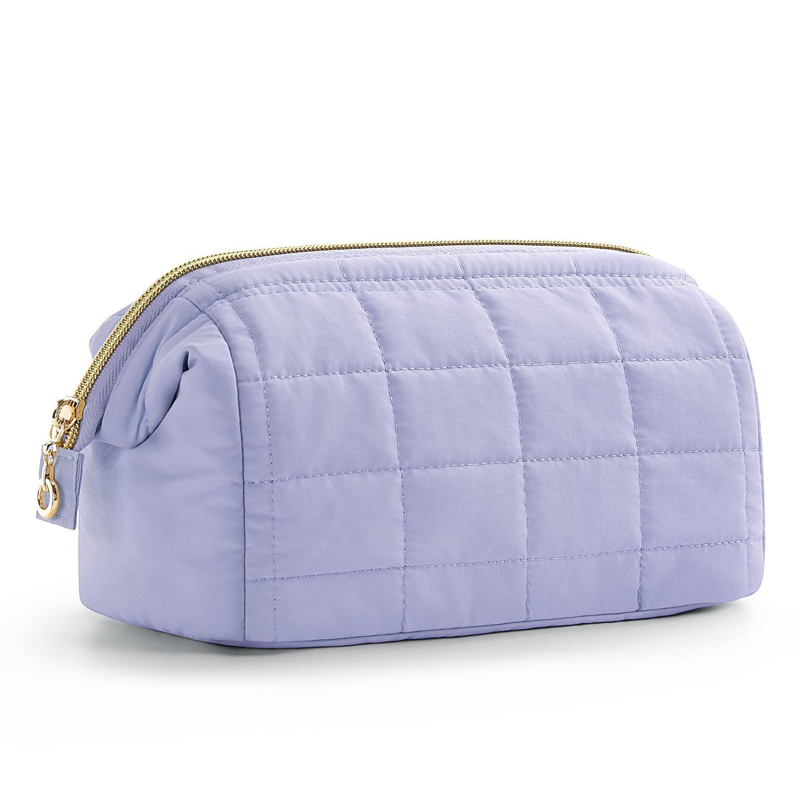 Purple Quilted Puffer Makeup Bag - Large Capacity Travel Cosmetic Organizer