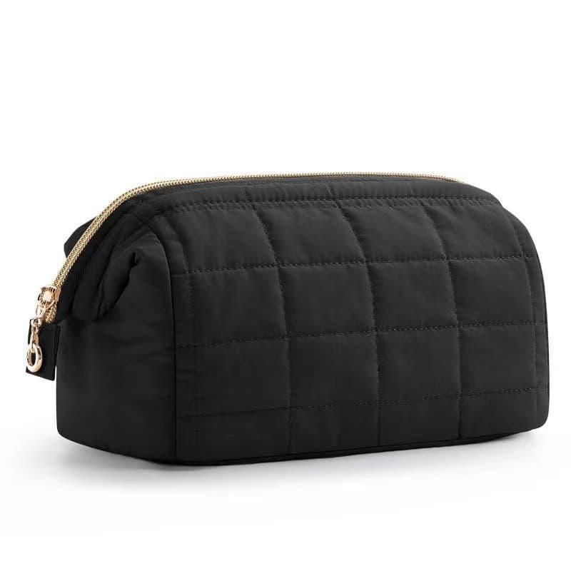 Black Quilted Puffer Makeup Bag - Large Capacity Travel Cosmetic Organizer