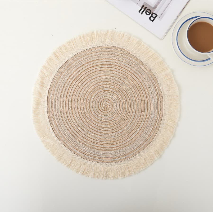 Beige Round Woven Placemats with Tassel Fringe - 4-Piece Set, Cotton Ramie