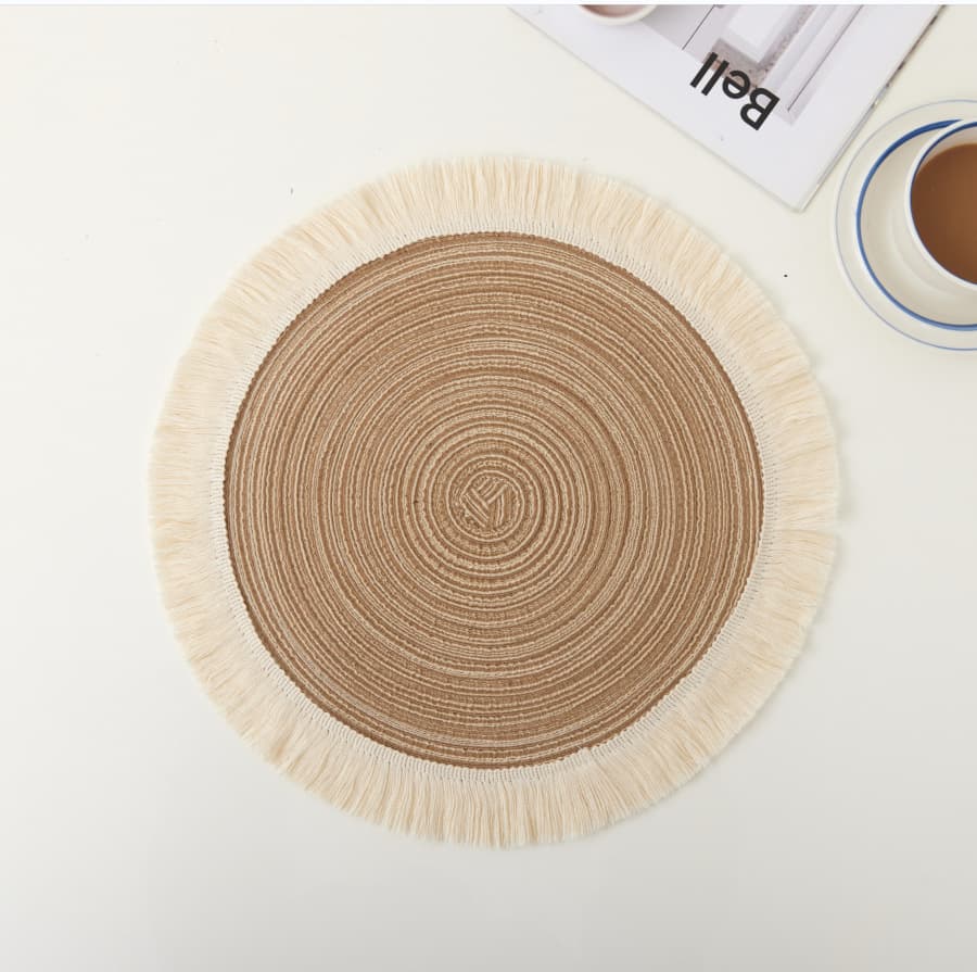 Brown Round Woven Placemats with Tassel Fringe - 4-Piece Set, Cotton Ramie