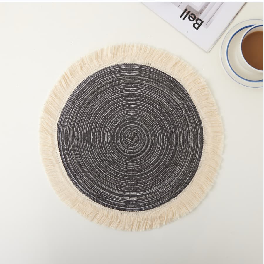 Grey Round Woven Placemats with Tassel Fringe - 4-Piece Set, Cotton Ramie