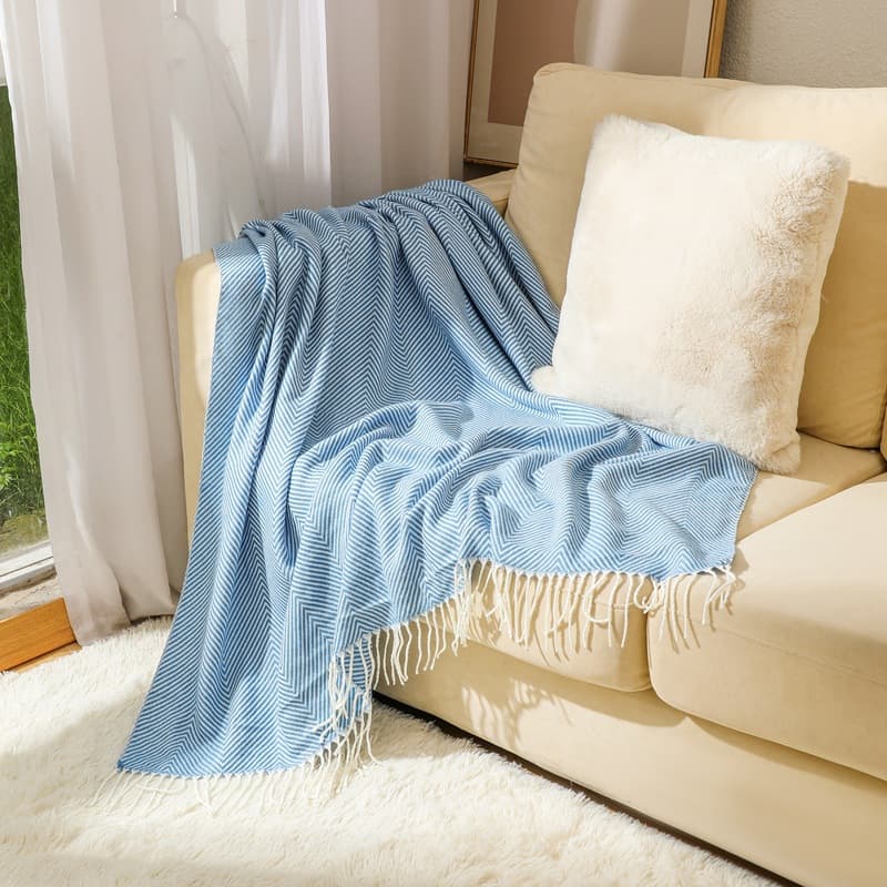 Blue Herringbone Tassel Throw Blanket - Large Acrylic Faux - 130 × 240 cm