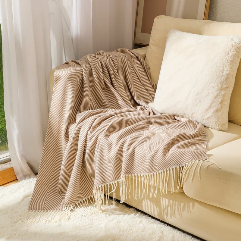 Khaki Herringbone Tassel Throw Blanket - Large Acrylic Faux - 130 × 240 cm