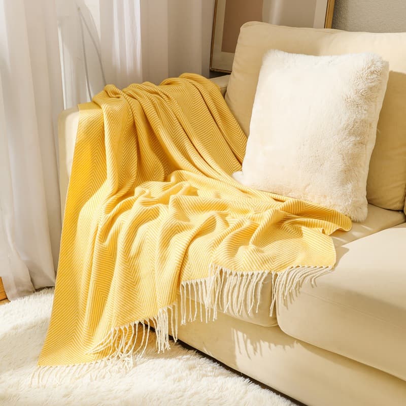 Yellow Herringbone Tassel Throw Blanket - Large Acrylic Faux - 130 × 240 cm