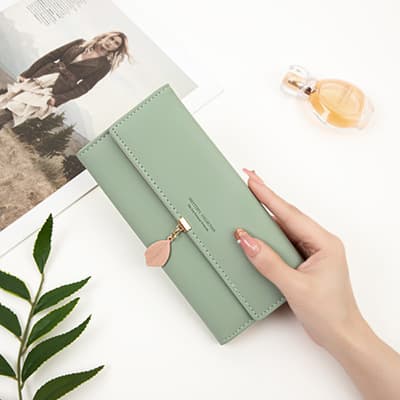 Green Ladies Long PU Leather Wallet - Slim Clutch with Leaf Charm