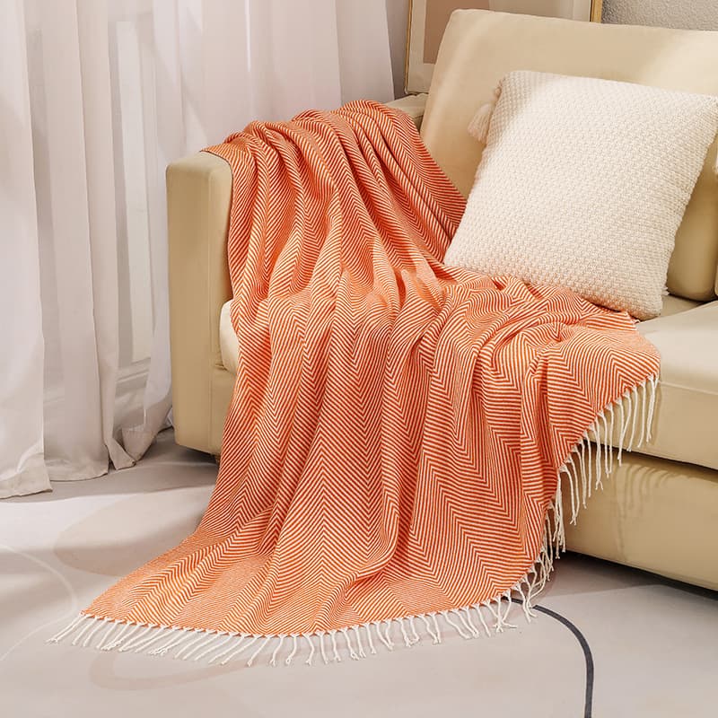 Orange Herringbone Tassel Throw Blanket - Large Acrylic Faux - 130 × 240 cm