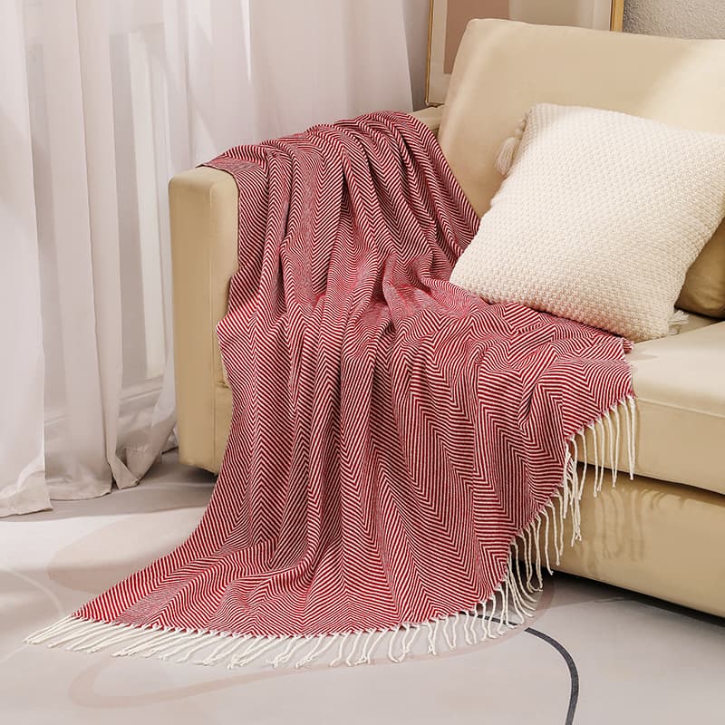Red Herringbone Tassel Throw Blanket - Large Acrylic Faux - 130 × 240 cm
