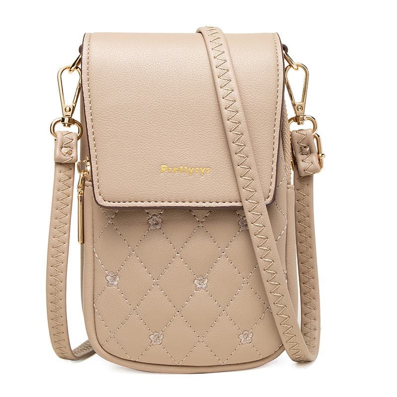 Beige Quilted Crossbody Phone Bag - PU Leather Mini Purse with Floral