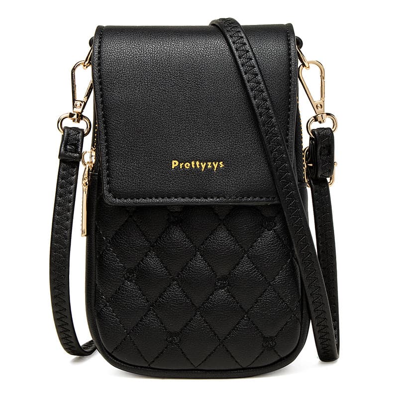 Black Quilted Crossbody Phone Bag - PU Leather Mini Purse with Floral