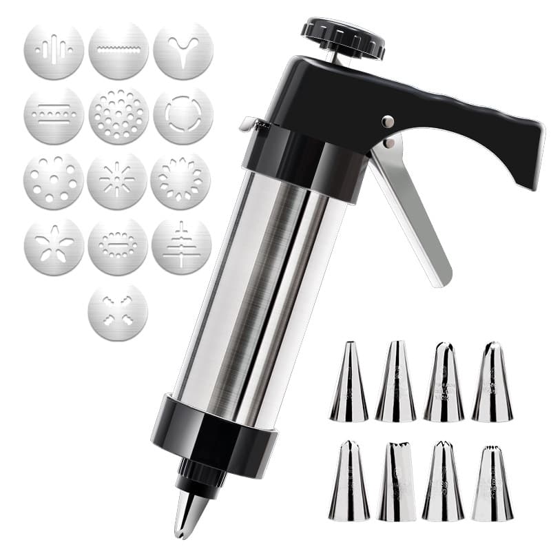 Silver and Black Stainless Steel Cookie Press Gun Kit - Biscuit Maker