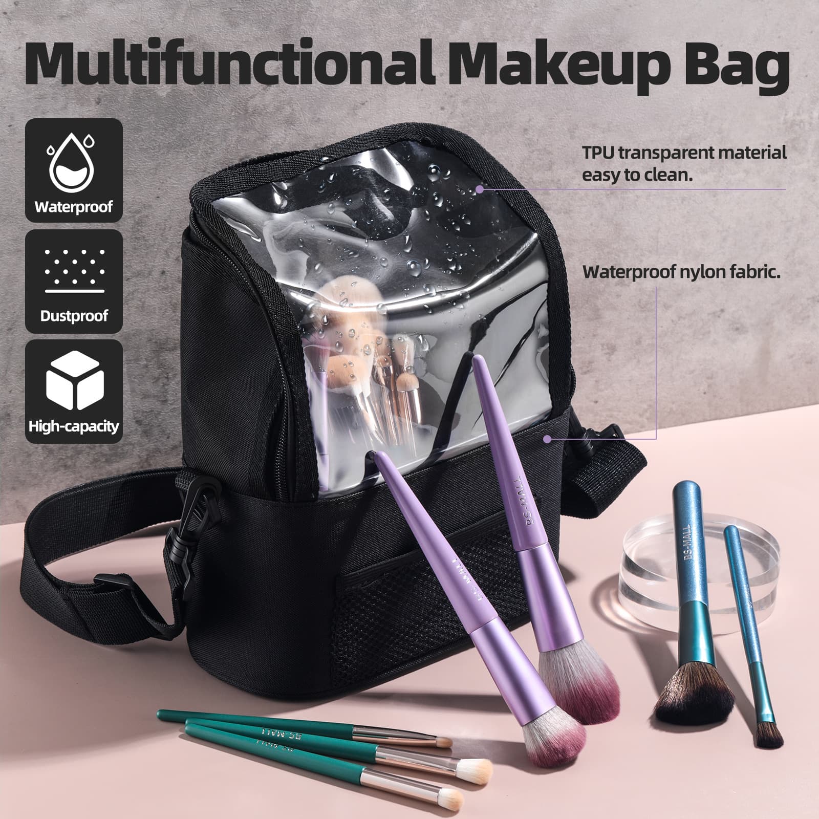 Black Professional Makeup Bag Organizer - Large Capacity Travel Cosmetic