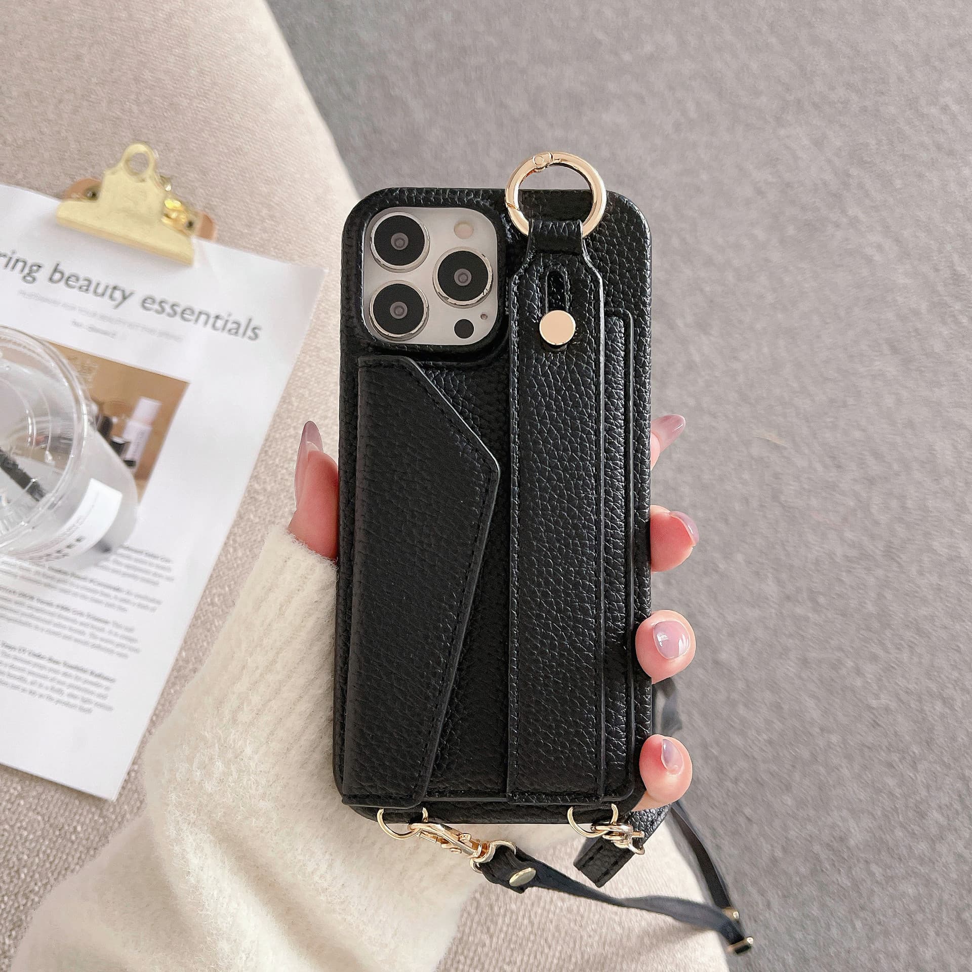 Black PU Leather Crossbody Wallet Case for iPhone 16 Pro Max - Black Pro Max
