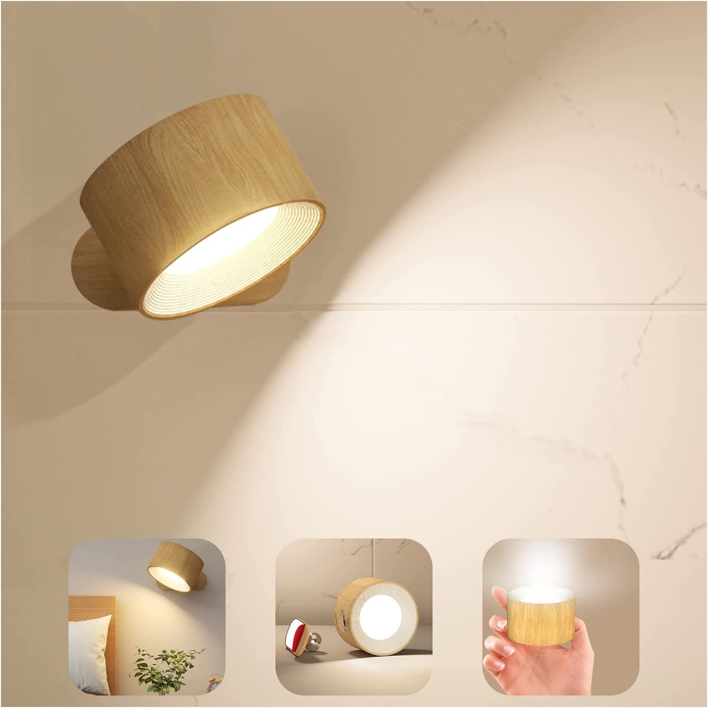 Khaki Wood Grain Rechargeable LED Magnetic Wall Light - Touch Control, 3