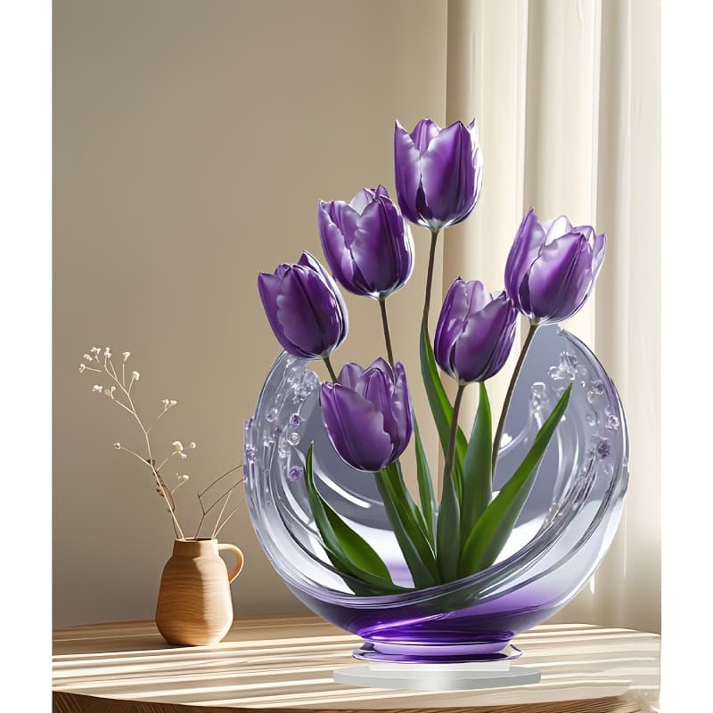 2-Piece Charming Purple Tulip 2D Acrylic Ornament - Flat Floral Tabletop Art