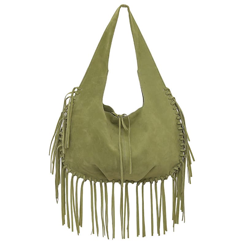 Green Boho Fringed Hobo Bag - Large Capacity Soft Faux Suede Shoulder Tote