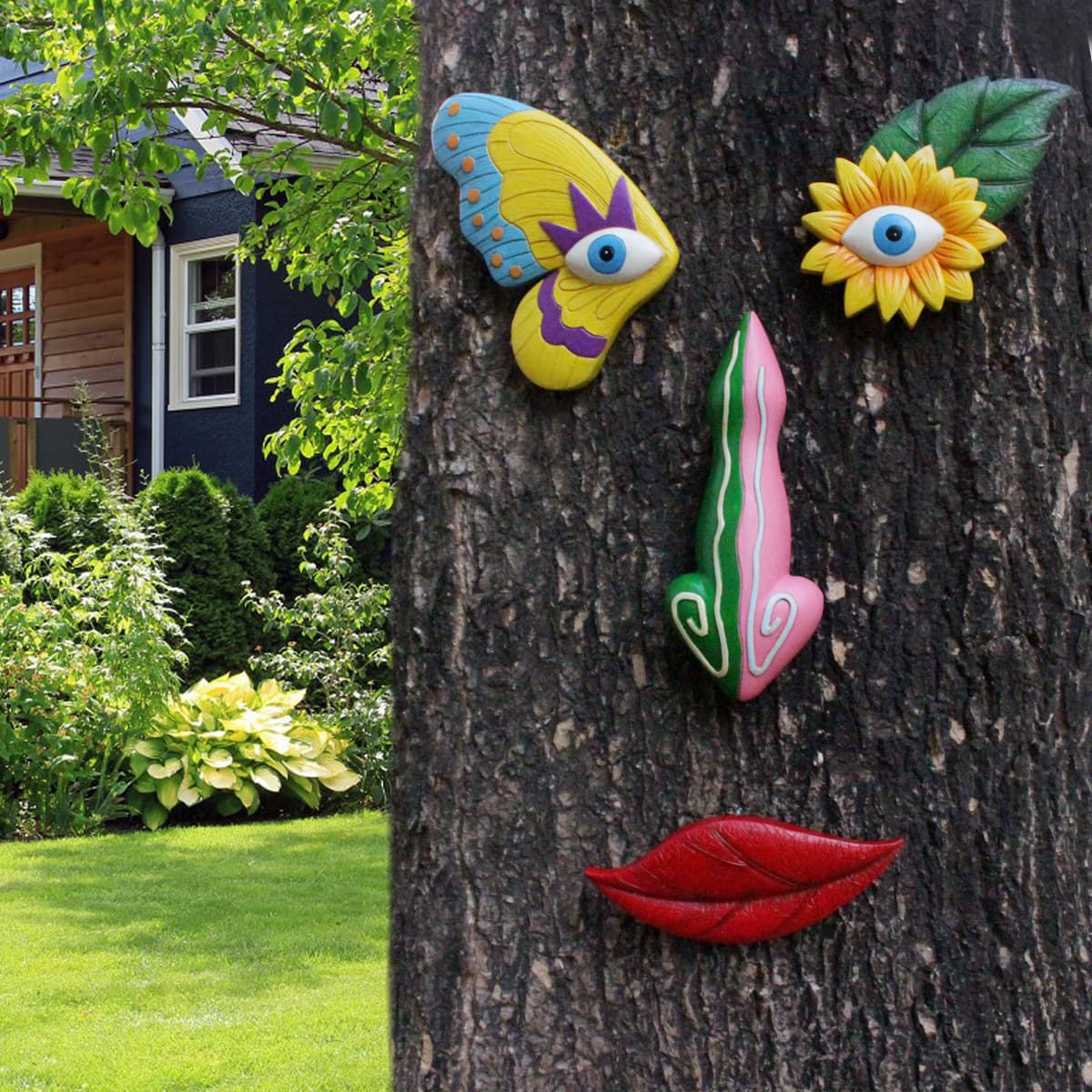 Colorful Vibrant Resin Tree Face Art - 4 Piece Whimsical Outdoor Garden