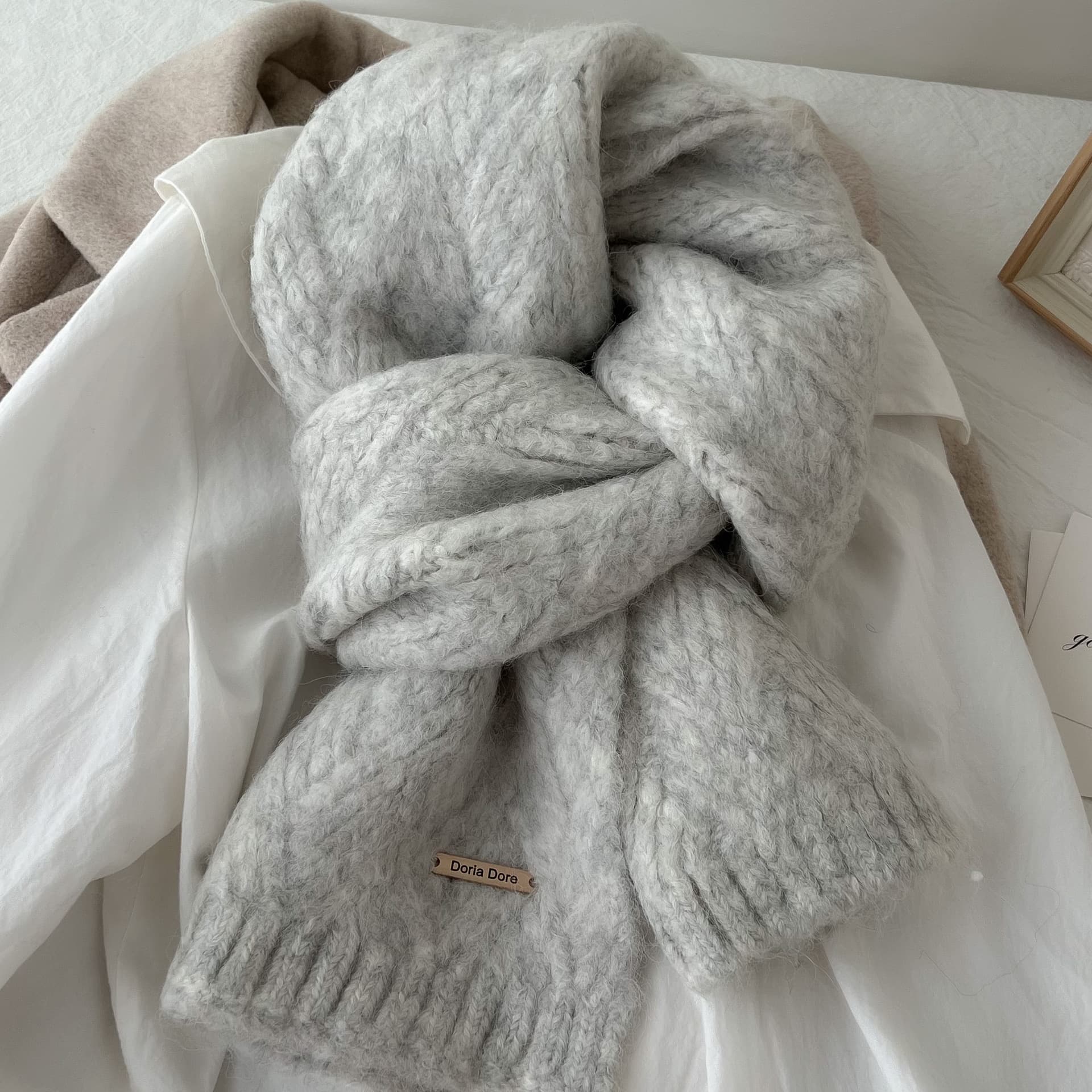 Light Grey Alpaca Wool Blend Solid Color Knitted Scarf for Women Winter New