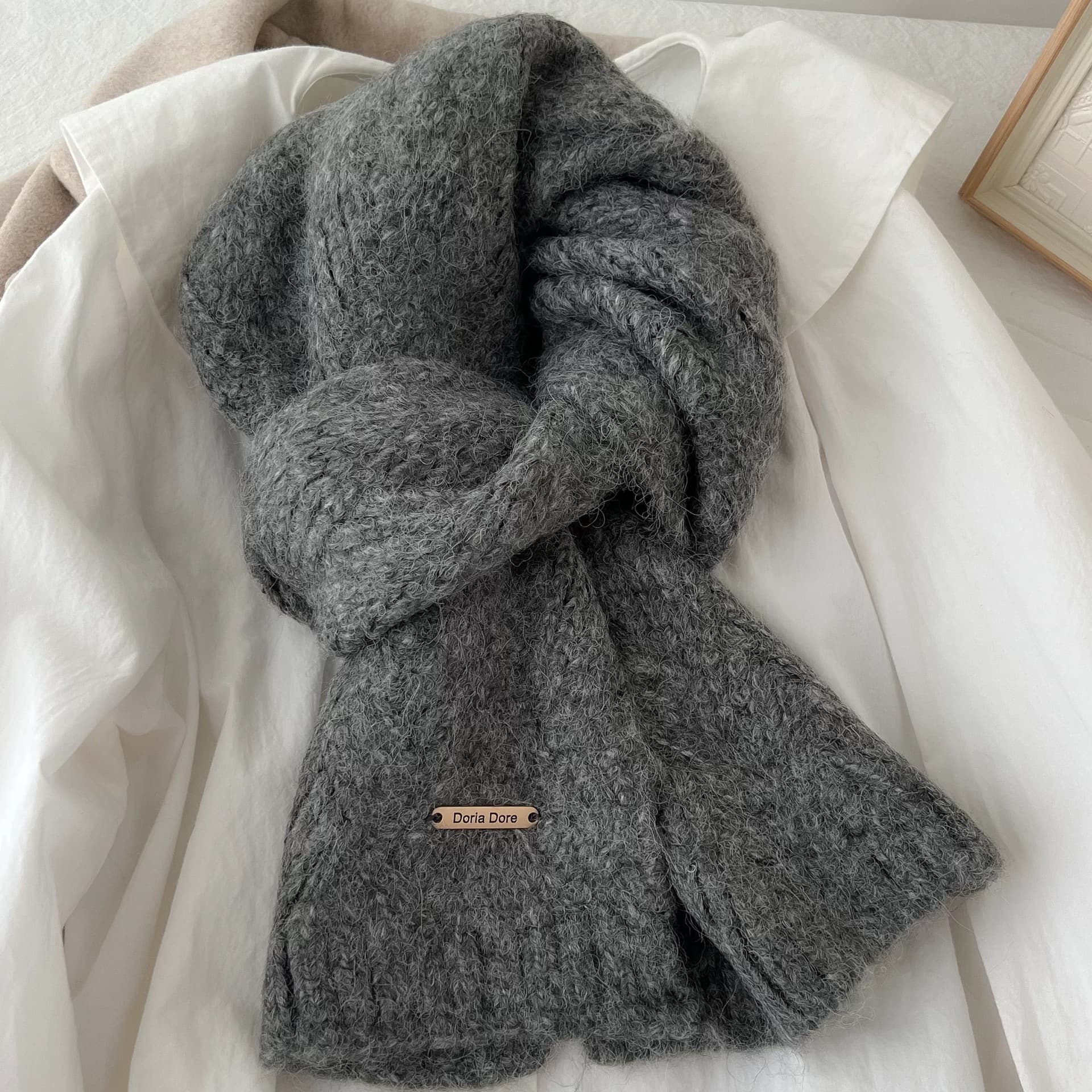 Dark Grey Alpaca Wool Blend Solid Color Knitted Scarf for Women Winter New