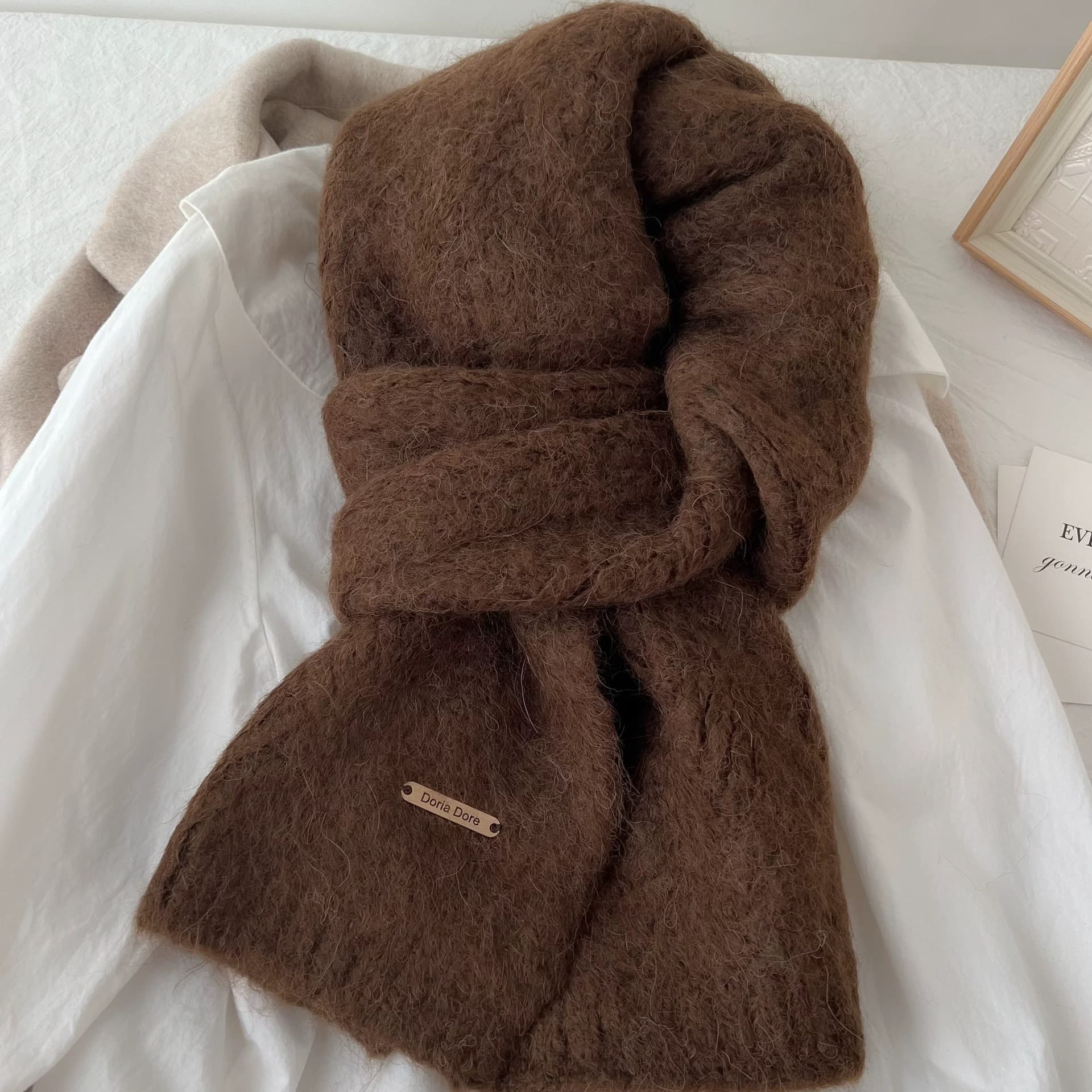 Brown Alpaca Wool Blend Solid Color Knitted Scarf for Women Winter New Style
