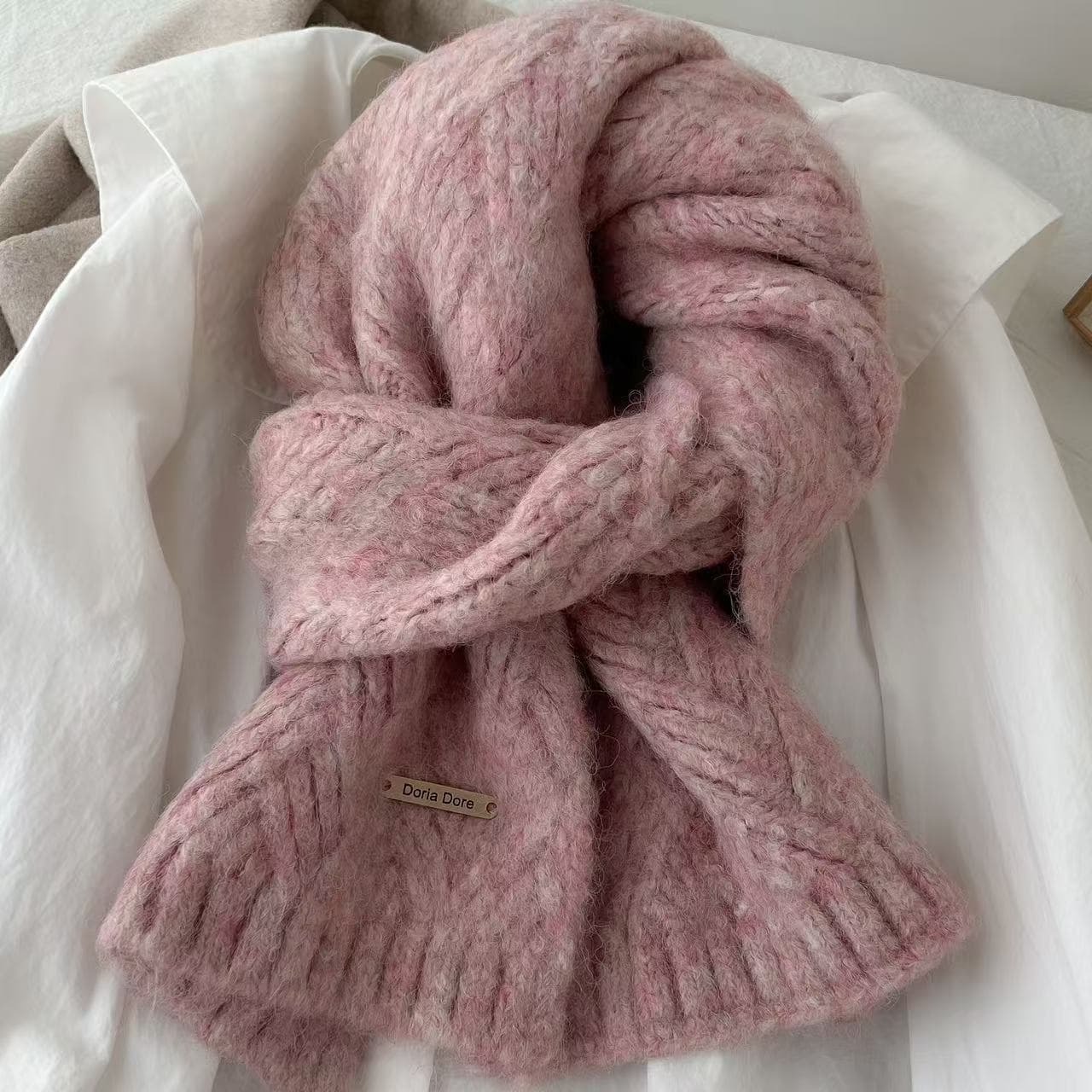 Pink Alpaca Wool Blend Solid Color Knitted Scarf for Women Winter New Style